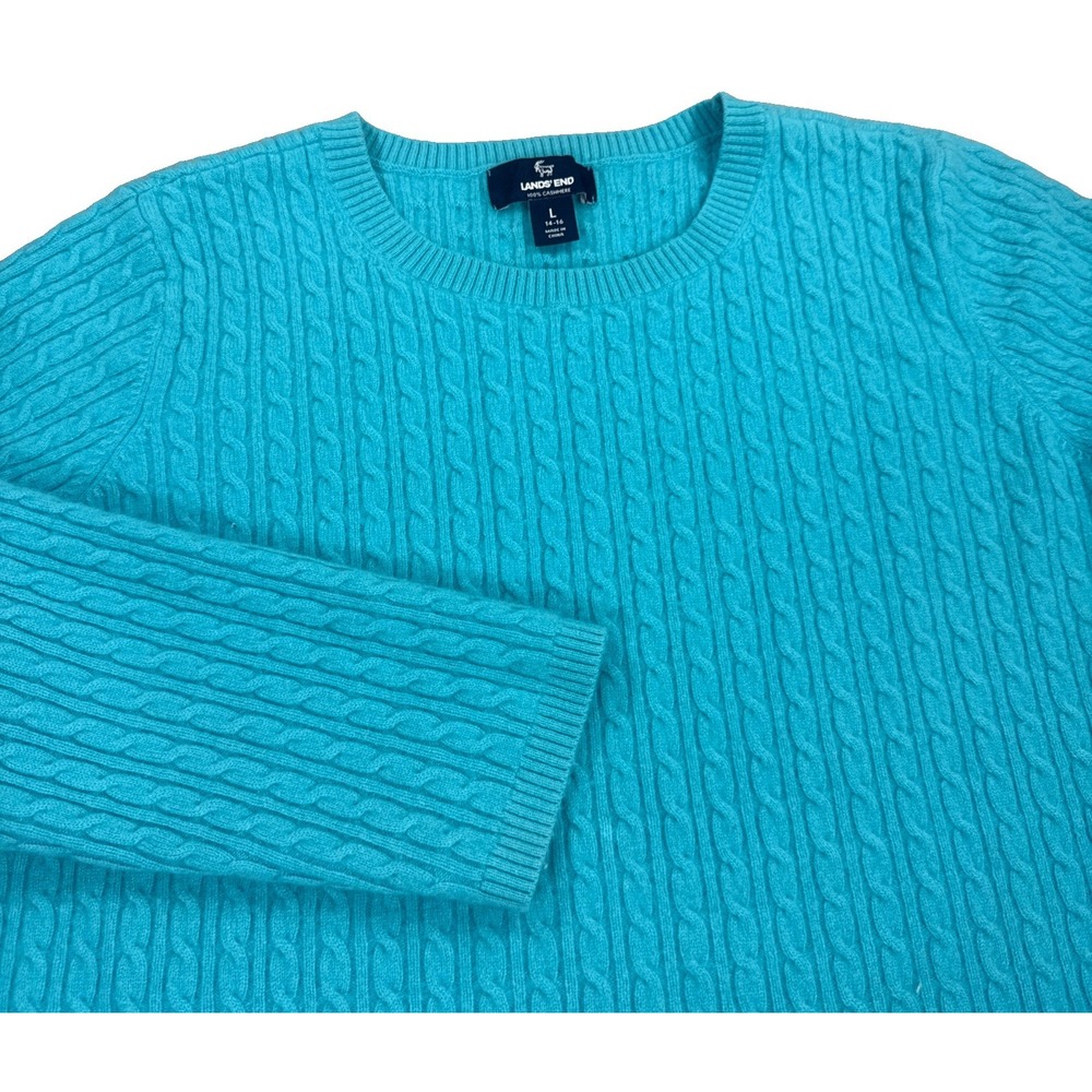 Lands End Sweater Women's 14/16 Blue Aqua 100% Cashmere Long Sleeve Cable Knit
